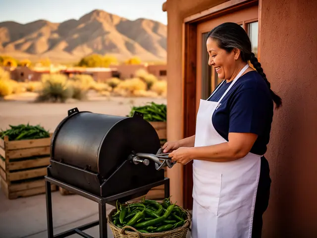 A woman with her dark hair in a neat braid beside new equipment in a small New Mexican restaurant.