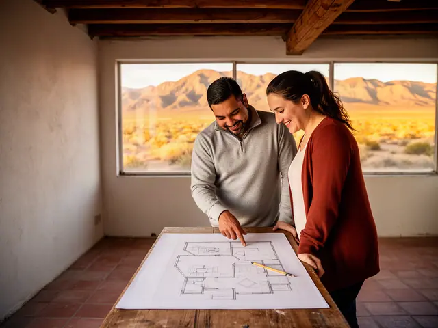 Two business partners looking over a pencil floor sketch in an empty storefront.